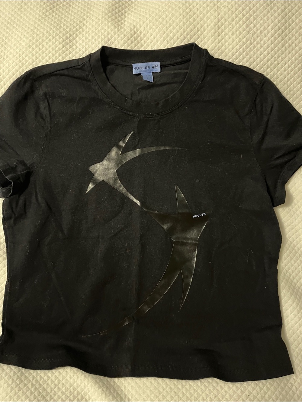 Mugler Black Short Sleeve Tee with Glossy Star Motif